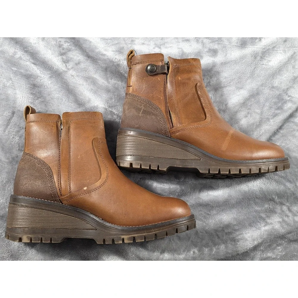 BullBoxer Sz 10 Dorian Ankle Zip Chunky Wedge‎ Leather Boots Brown Cognac